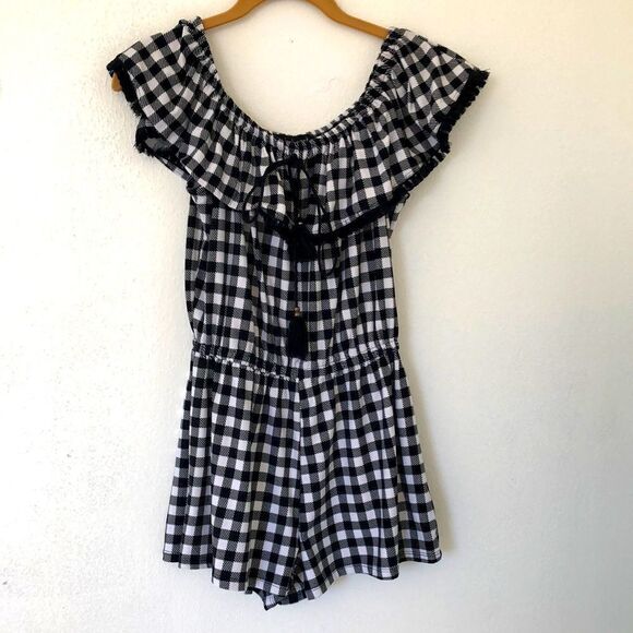 Derek Heart Black/ White Domino Gingham Romper w/ Fringe - Picture 1 of 4